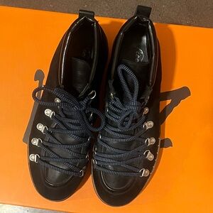 Black Leather & Suede Sneakers/Boits with Blue Laces